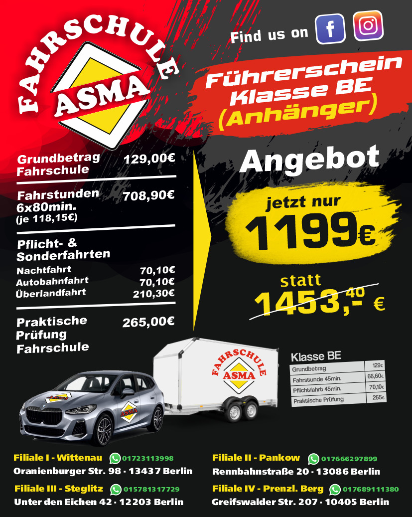 Fahrschule ASMA Angebot Klasse BE (Anhänger): jetzt nur 1199 Euro statt 1453,40 Euro.