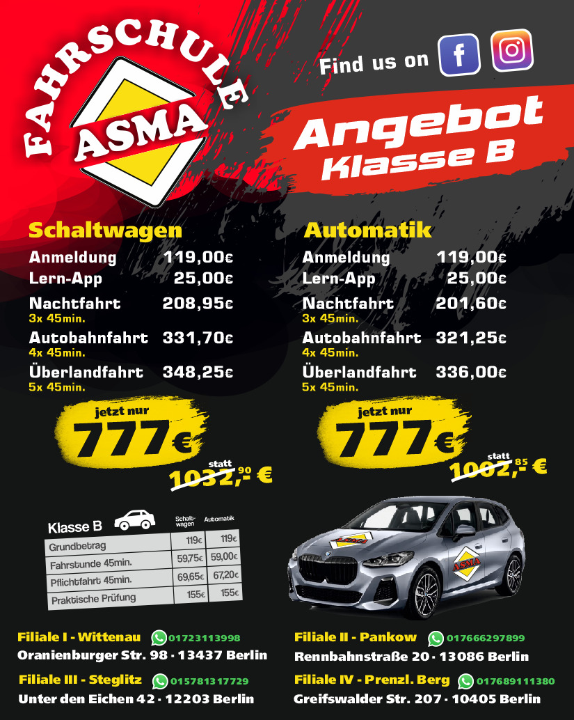 Fahrschule ASMA Angebot Klasse B: Schaltwagen und Automatik jeweils jetzt nur 777 Euro.