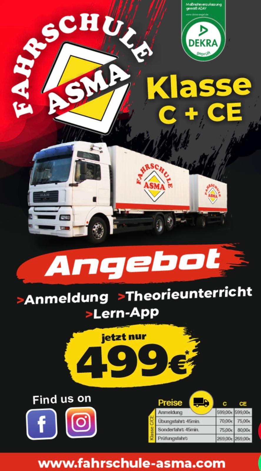 Fahrschule ASMA Angebot Klasse C + CE: Anmeldung, Theorieunterricht und Lern-App jetzt nur 499 Euro.