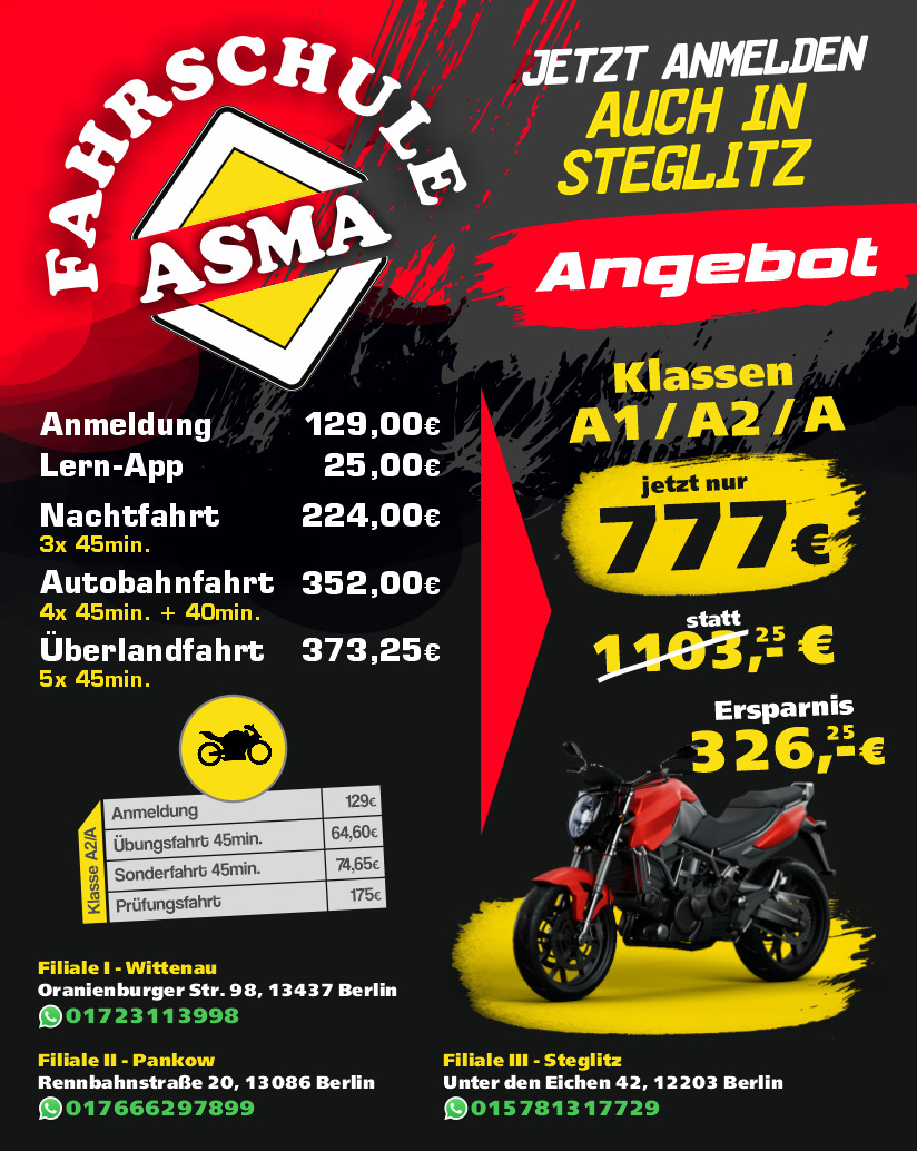 Fahrschule ASMA Angebot Klassen A1/A2/A: jetzt nur 777 Euro statt 1103,25 Euro.
